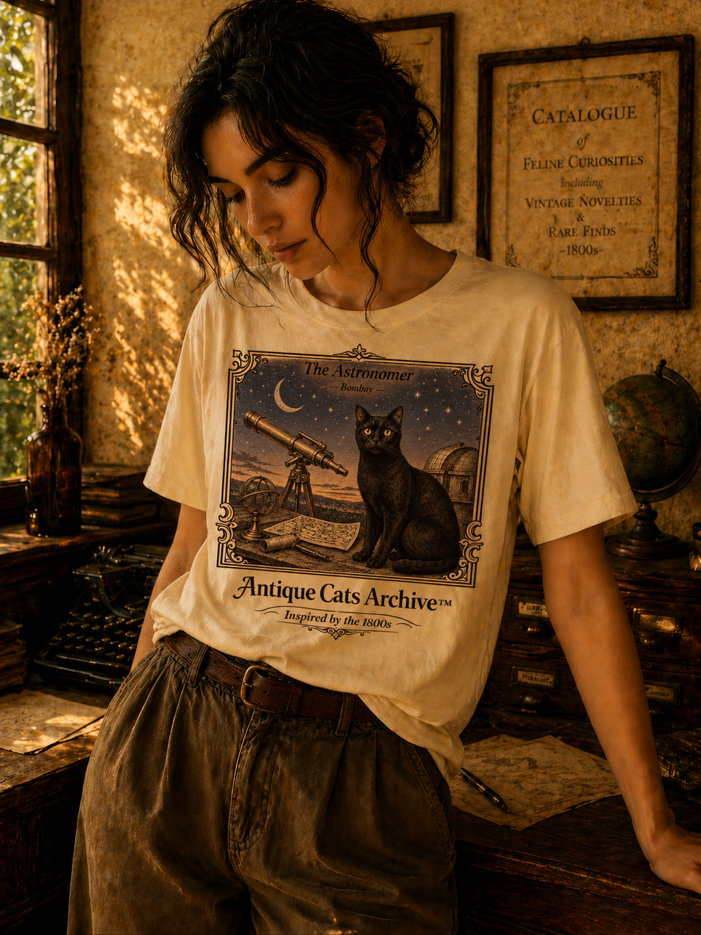 Antique Cats Archive™ Entry No. ACA-004-AST “The Astronomer” Bombay Cat T-Shirt – Vintage 1800s Engraving Style