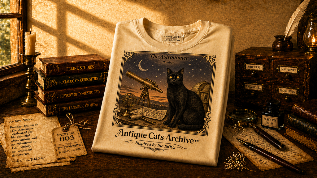 Antique Cats Archive™ Entry No. ACA-004-AST “The Astronomer” Bombay Cat T-Shirt – Vintage 1800s Engraving Style
