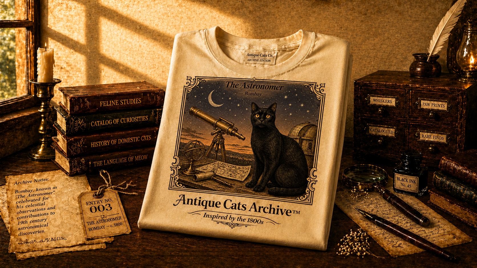Antique Cats Archive™ Entry No. ACA-004-AST “The Astronomer” Bombay Cat T-Shirt – Vintage 1800s Engraving Style