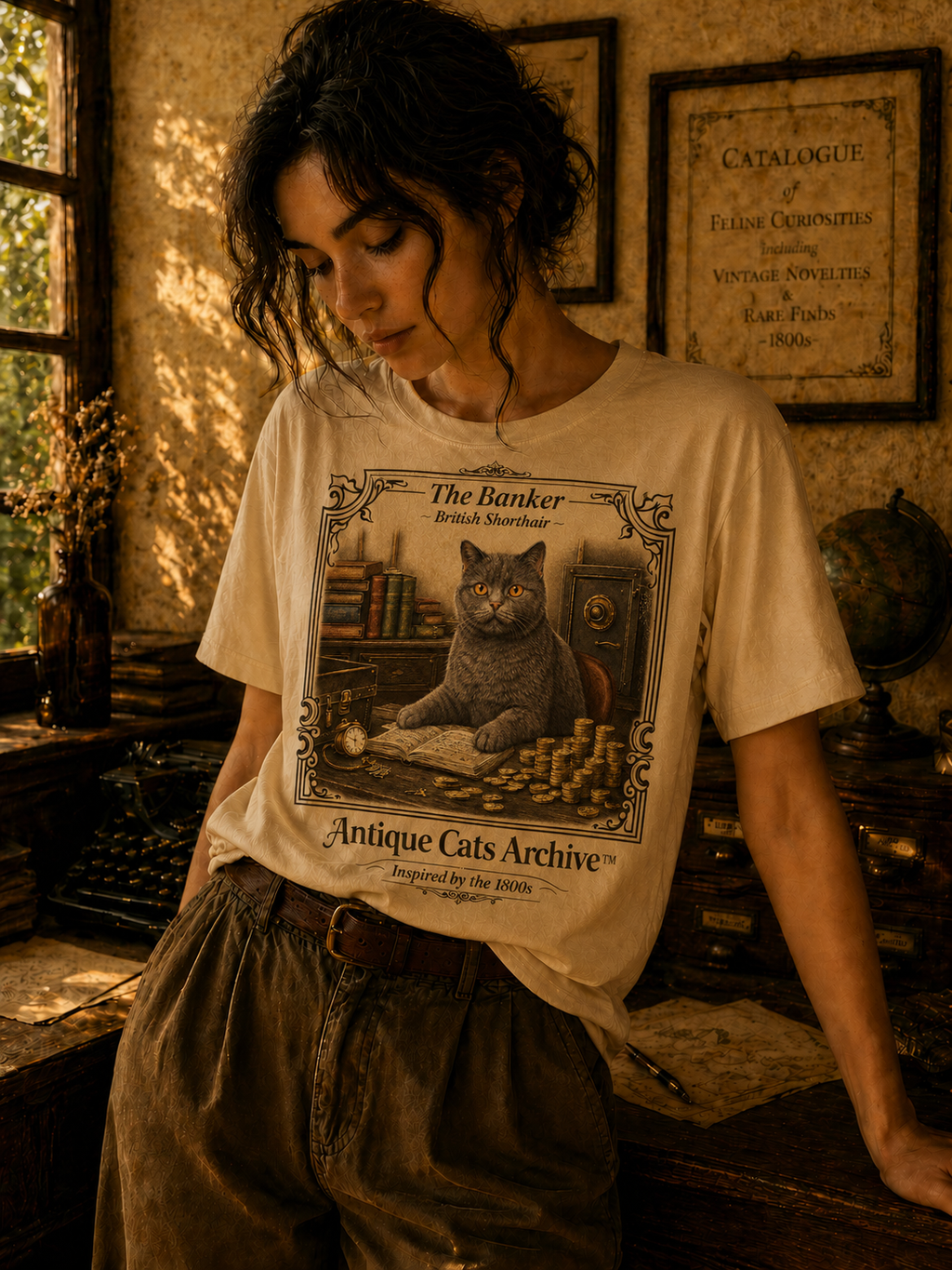 Antique Cats Archive™ Entry No. ACA-006-BNK “The Banker” British Shorthair Cat T-Shirt – Vintage 1800s Engraving Style
