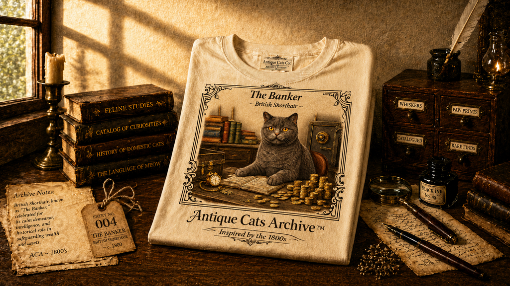 Antique Cats Archive™ Entry No. ACA-006-BNK “The Banker” British Shorthair Cat T-Shirt – Vintage 1800s Engraving Style