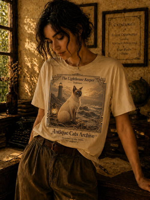 Antique Cats Archive™ Entry No. ACA-016-FND “The Lighthouse Keeper” Tonkinese Cat T-Shirt – Vintage 1800s Engraving Style