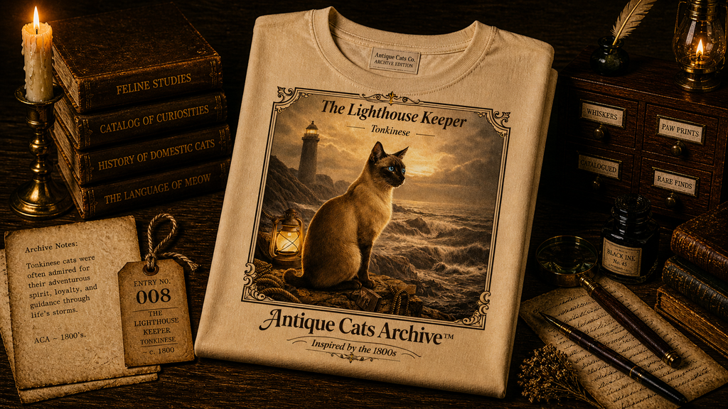 Antique Cats Archive™ Entry No. ACA-016-FND “The Lighthouse Keeper” Tabby Cat T-Shirt – Vintage 1800s Engraving Style