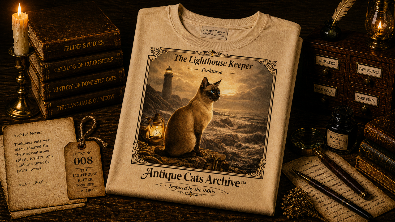 Antique Cats Archive™ Entry No. ACA-016-FND “The Lighthouse Keeper” Tabby Cat T-Shirt – Vintage 1800s Engraving Style