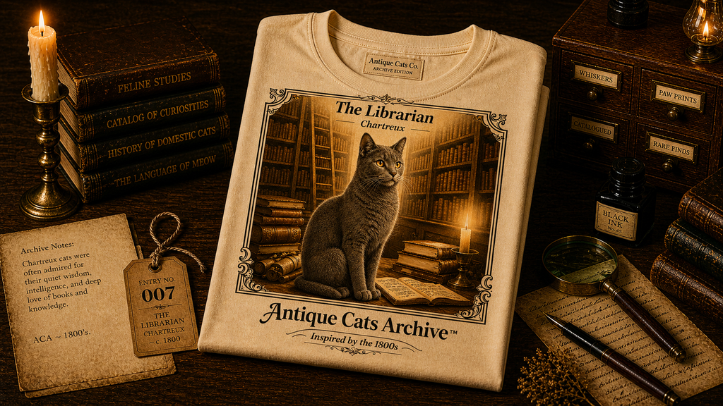 Antique Cats Archive™ Entry No. ACA-015-FND “The Librarian” Tabby Cat T-Shirt – Vintage 1800s Engraving Style