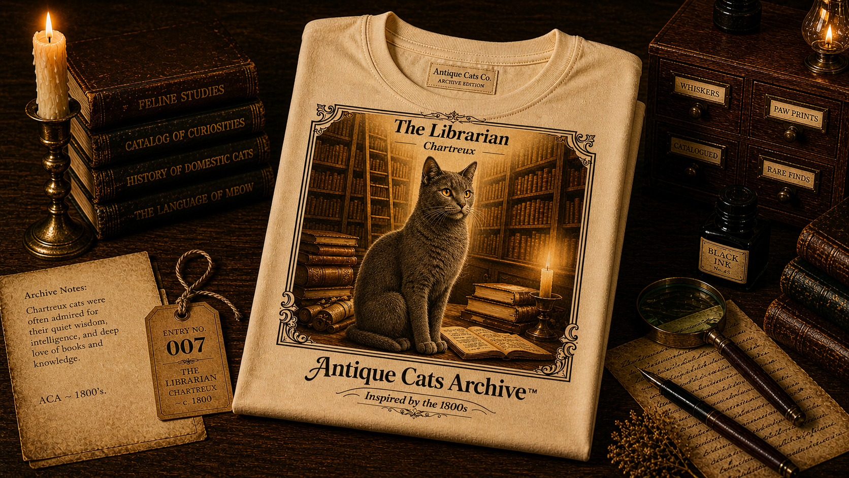 Antique Cats Archive™ Entry No. ACA-015-FND “The Librarian” Tabby Cat T-Shirt – Vintage 1800s Engraving Style