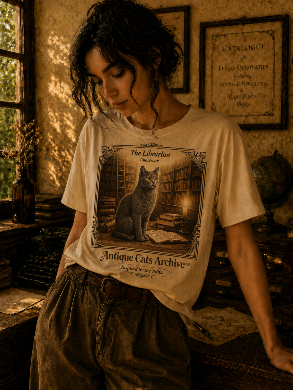 Antique Cats Archive™ Entry No. ACA-015-FND “The Librarian” Tabby Cat T-Shirt – Vintage 1800s Engraving Style