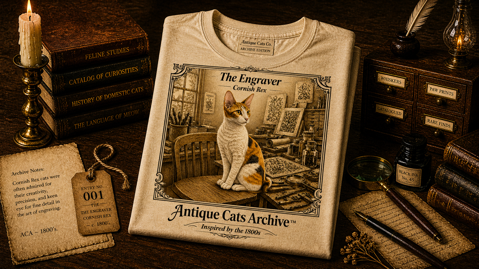 Antique Cats Archive™ Entry No. ACA-013-FND “The Engraver” Tabby Cat T-Shirt – Vintage 1800s Engraving Style