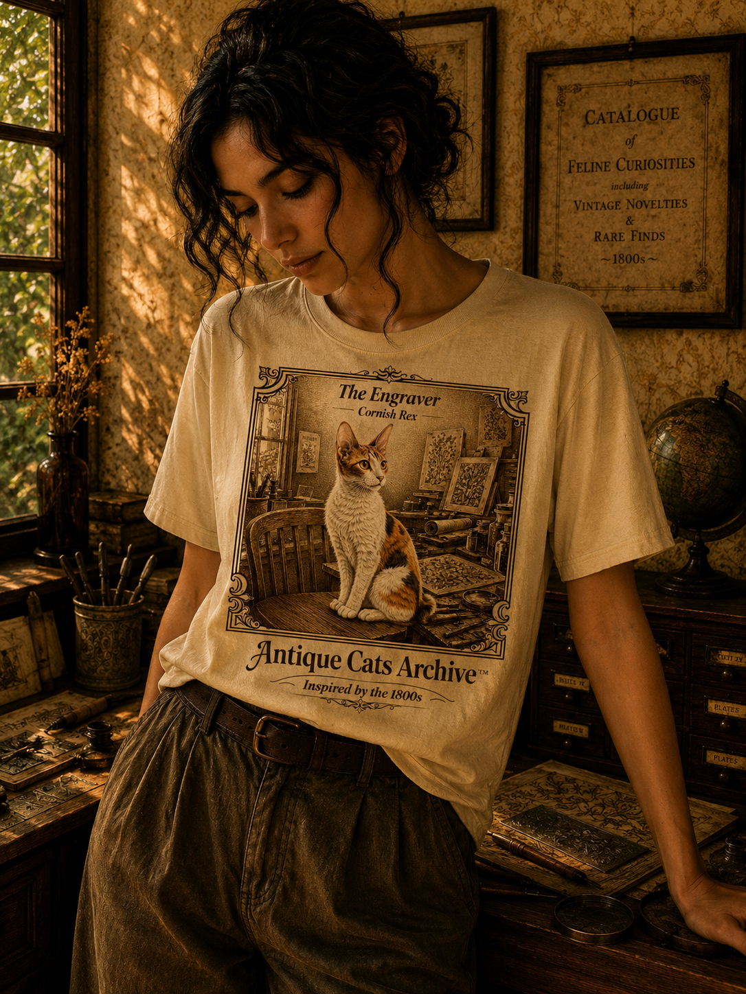 Antique Cats Archive™ Entry No. ACA-013-FND “The Engraver” Tabby Cat T-Shirt – Vintage 1800s Engraving Style