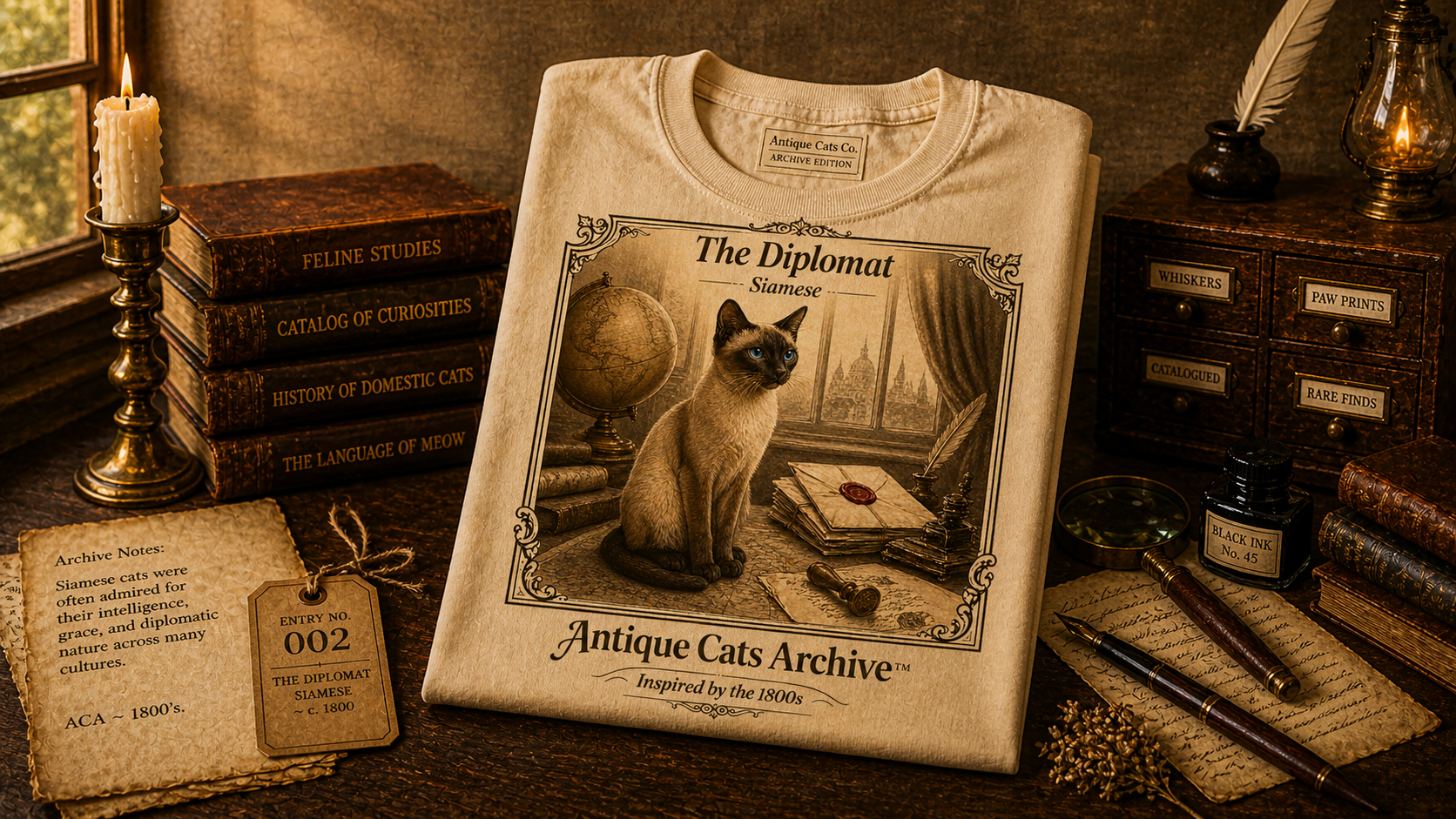 Antique Cats Archive™ Entry No. ACA-012-FND “The Diplomat” Tabby Cat T-Shirt – Vintage 1800s Engraving Style