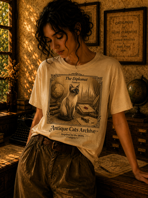 Antique Cats Archive™ Entry No. ACA-012-FND “The Diplomat” Siamese Cat T-Shirt – Vintage 1800s Engraving Style