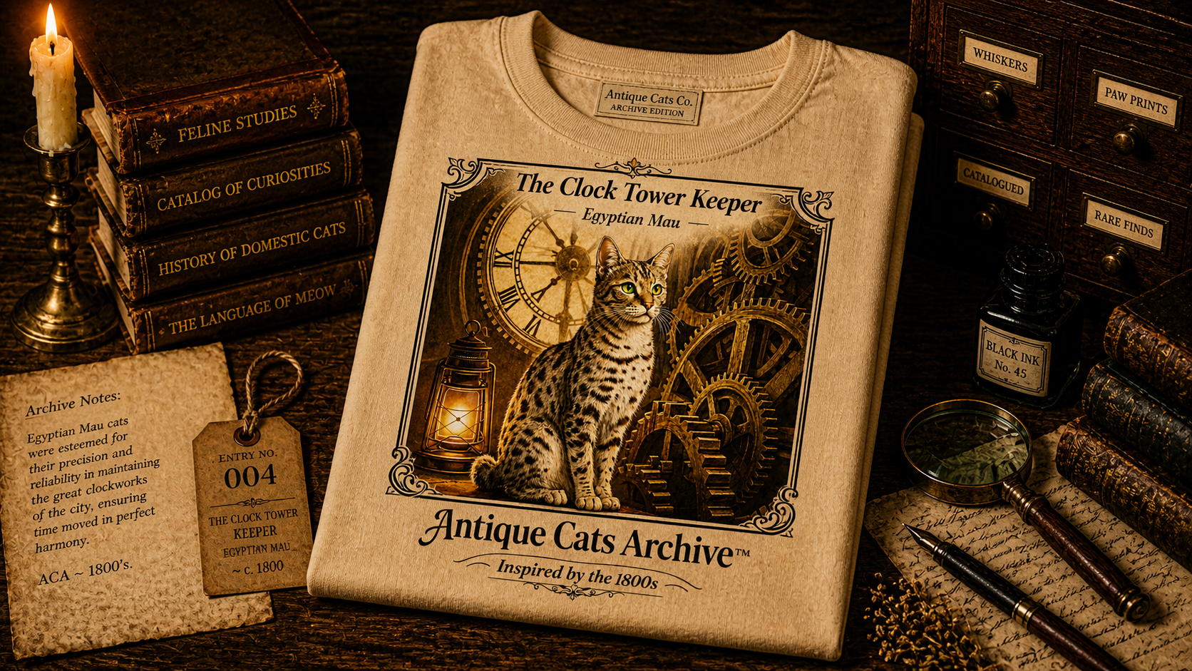Antique Cats Archive™ Entry No. ACA-011-FND “The Clock Tower Keeper” Tabby Cat T-Shirt – Vintage 1800s Engraving Style