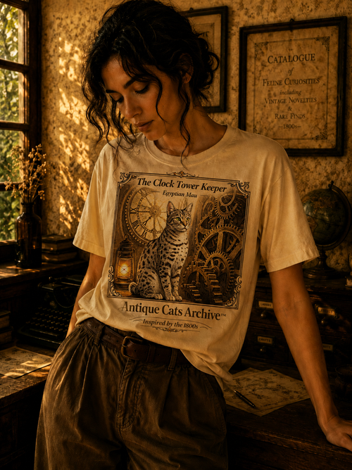Antique Cats Archive™ Entry No. ACA-011-FND “The Clock Tower Keeper” Egyptian Mau Cat T-Shirt – Vintage 1800s Engraving Style