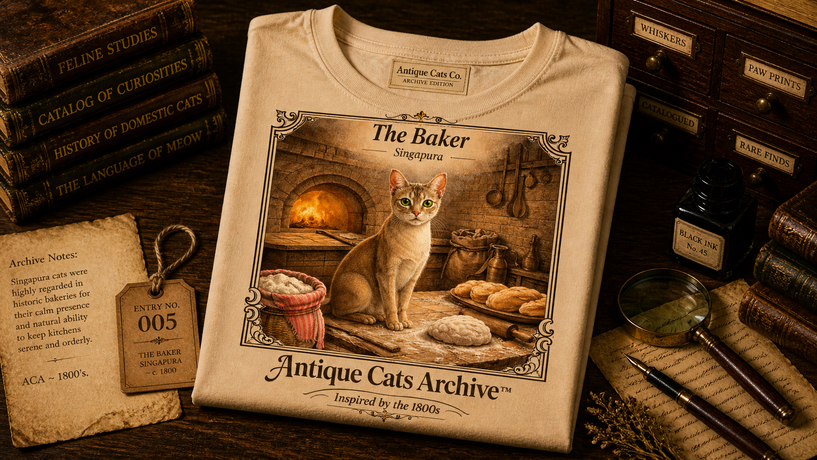Antique Cats Archive™ Entry No. ACA-005-FND “The Baker” Tabby Cat T-Shirt – Vintage 1800s Engraving StyleThe Baker