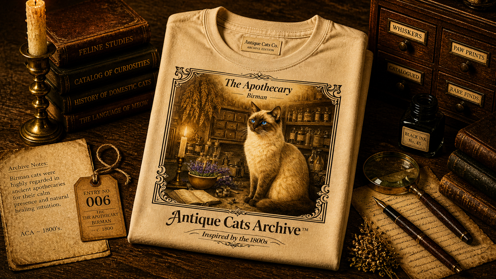 Antique Cats Archive™ Entry No. ACA-003-ALC “The Apothecary” Birman Cat T-Shirt – Vintage 1800s Engraving Style