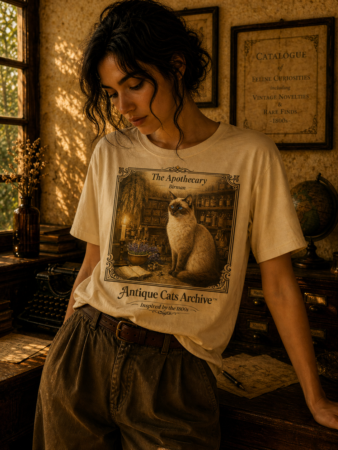 Antique Cats Archive™ Entry No. ACA-003-ALC “The Apothecary” Birman Cat T-Shirt – Vintage 1800s Engraving Style