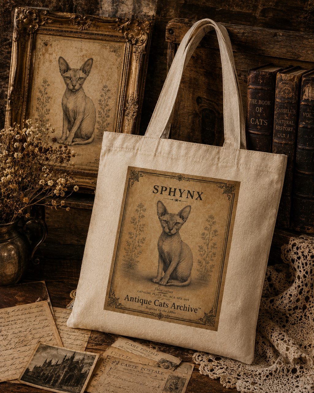 Sphynx Cat Vintage Poster Tote Bag | Antique Cats Archive Cotton Canvas
