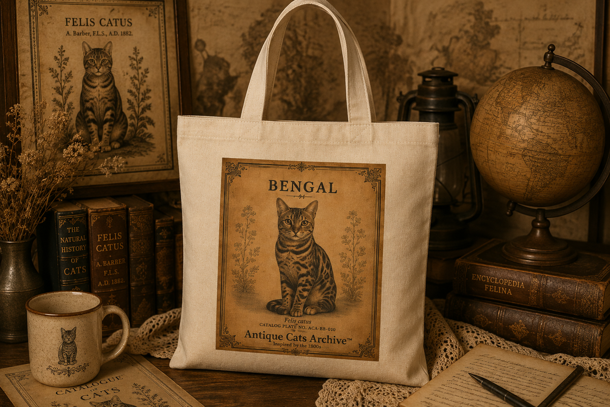 Bengal Cat Vintage Poster Tote Bag | Antique Cats Archive Cotton Canvas