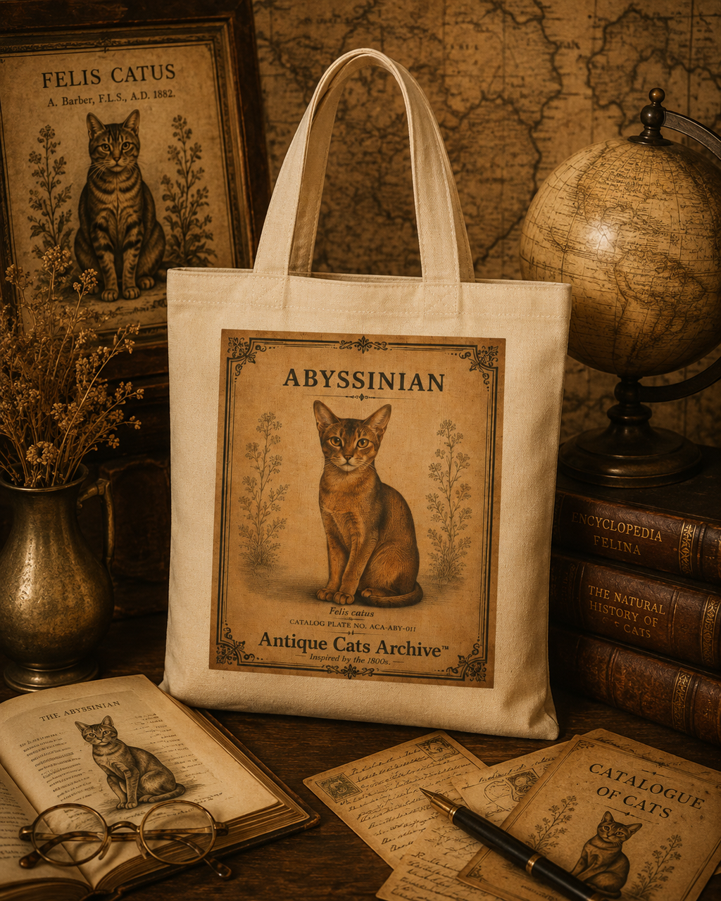 Abyssinian Cat Illustration Tote Bag | Vintage Antique Cats Artwork