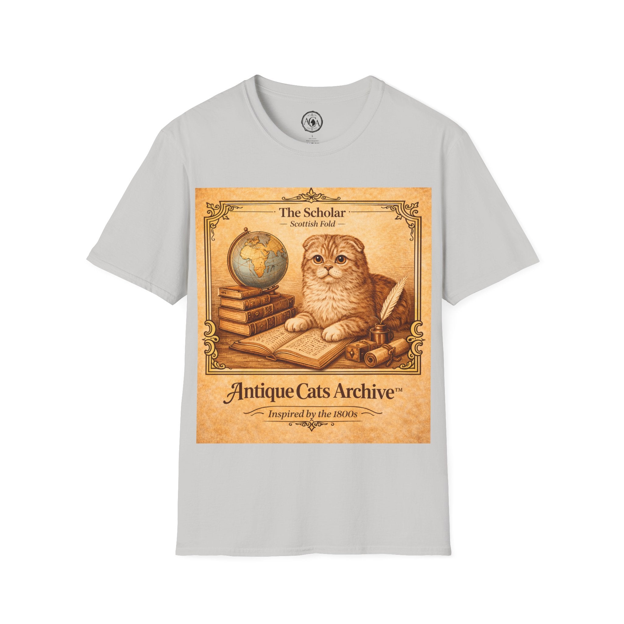 Antique Cats Archive™ Entry No. ACA-022-SCH “The Scholar” Scottish Fold Cat T-Shirt – Vintage 1800s Engraving Style
