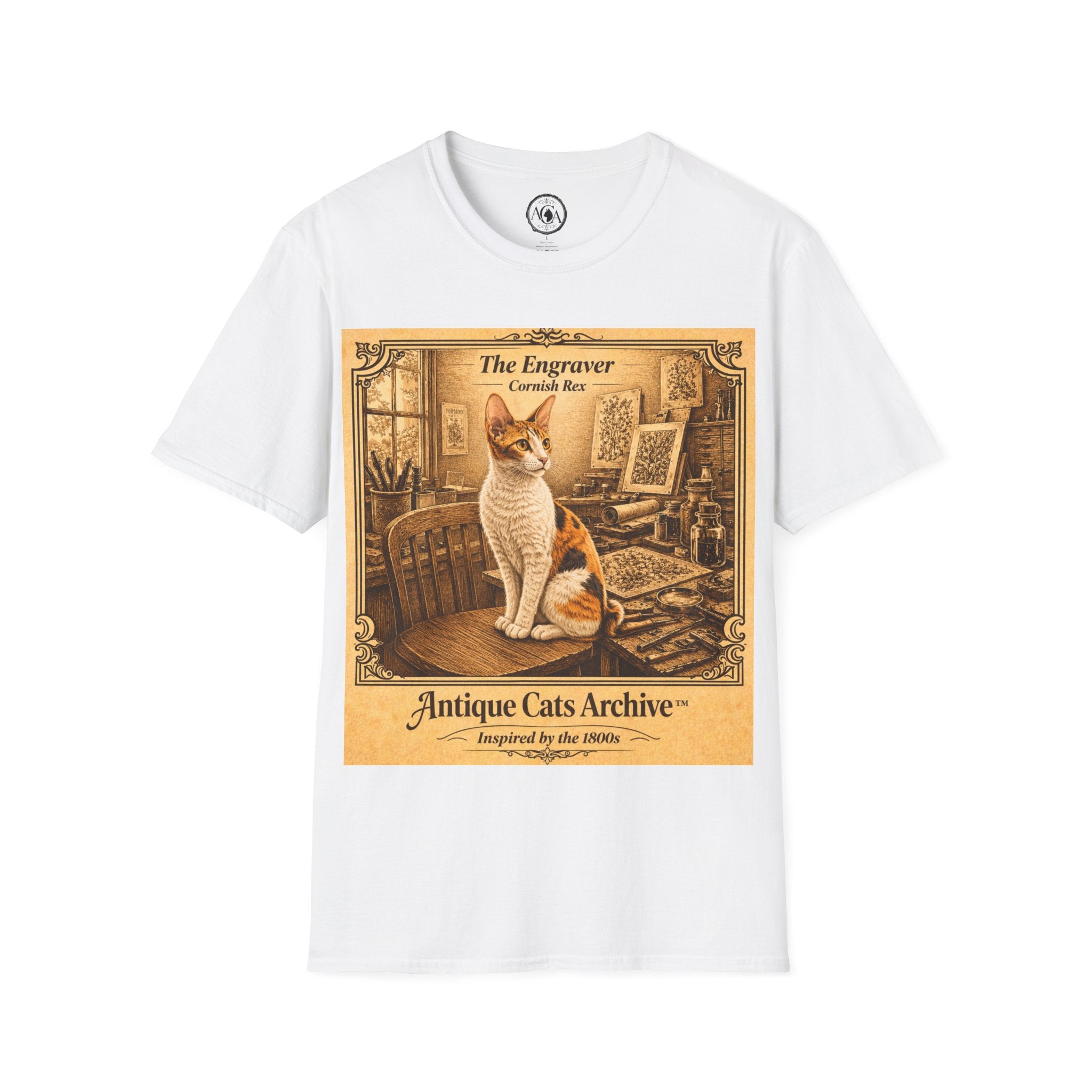Antique Cats Archive™ Entry No. ACA-013-FND “The Engraver” Tabby Cat T-Shirt – Vintage 1800s Engraving Style