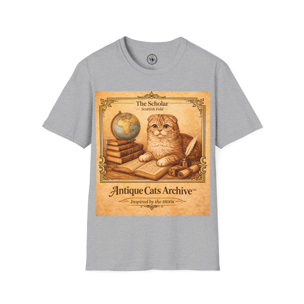 Antique Cats Archive™ Entry No. ACA-022-SCH “The Scholar” Scottish Fold Cat T-Shirt – Vintage 1800s Engraving Style