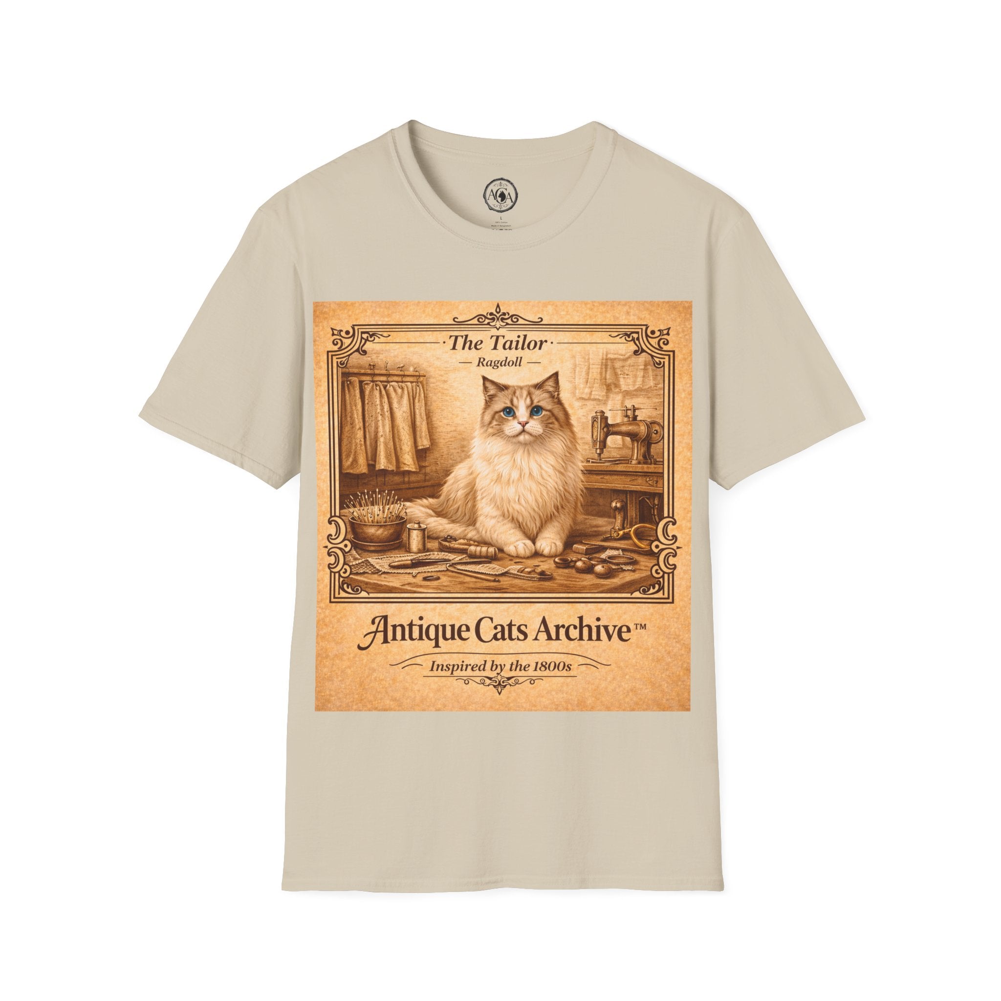 Antique Cats Archive™ Entry No. ACA-023-TLR “The Tailor” Ragdoll Cat T-Shirt – 1800s Engraving Style
