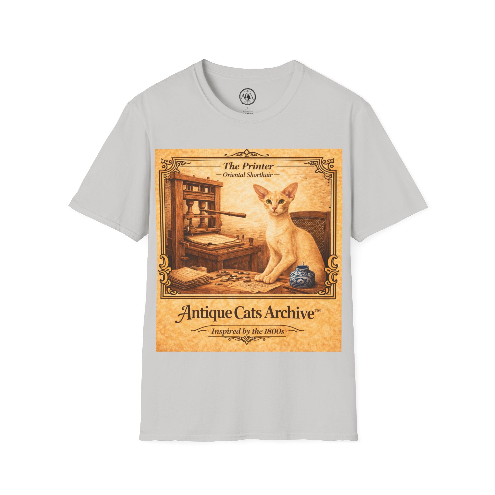 Antique Cats Archive™ Entry No. ACA-020-PRN “The Printer” Oriental Shorthair Cat T-Shirt – Vintage 1800s Engraving Style