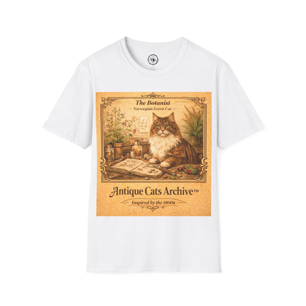 Antique Cats Archive™ Entry No. ACA-008-BOT “The Botanist” Norwegian Forest Cat T-Shirt – Vintage 1800s Engraving Style