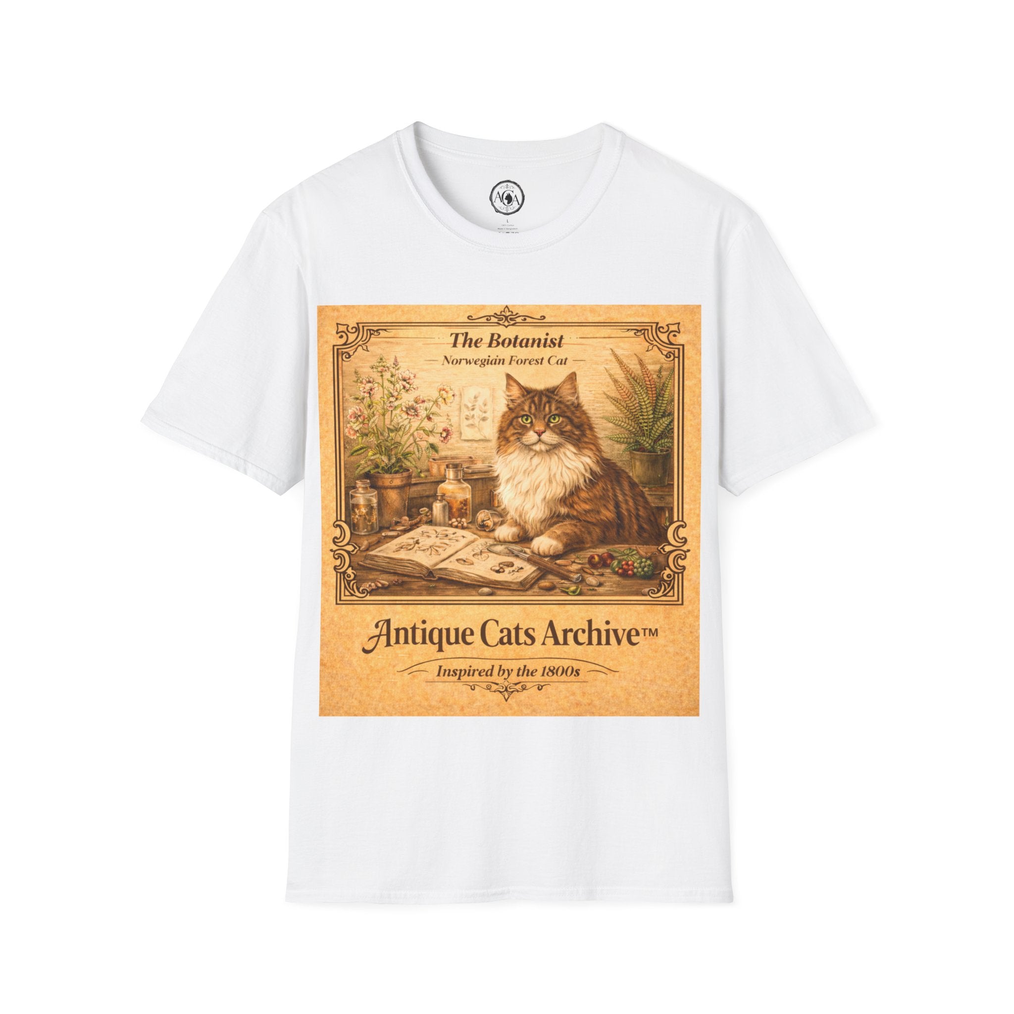 Antique Cats Archive™ Entry No. ACA-008-BOT “The Botanist” Norwegian Forest Cat T-Shirt – Vintage 1800s Engraving Style