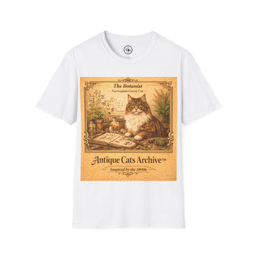 Antique Cats Archive™ Entry No. ACA-008-BOT “The Botanist” Norwegian Forest Cat T-Shirt – Vintage 1800s Engraving Style