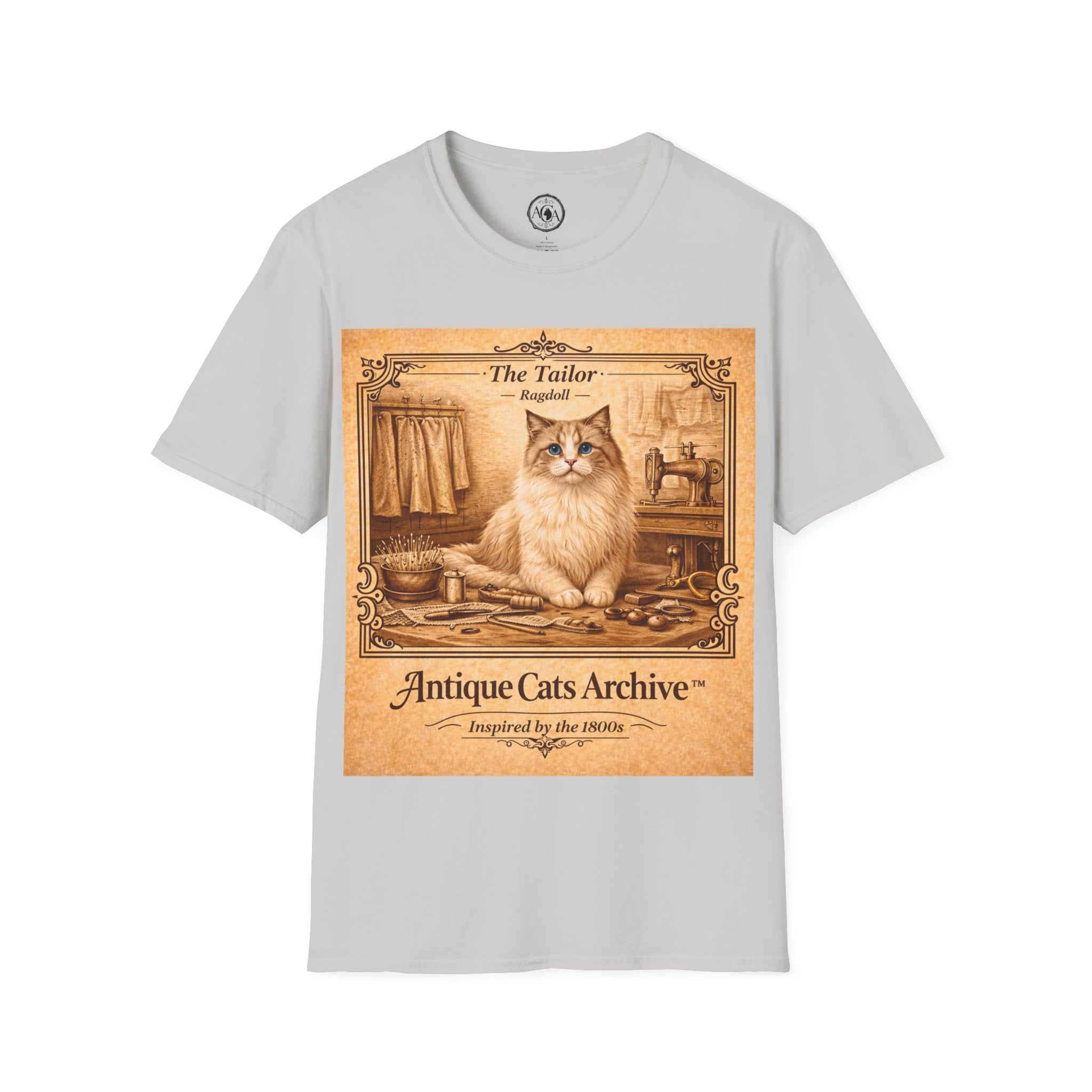 Antique Cats Archive™ Entry No. ACA-023-TLR “The Tailor” Ragdoll Cat T-Shirt – 1800s Engraving Style