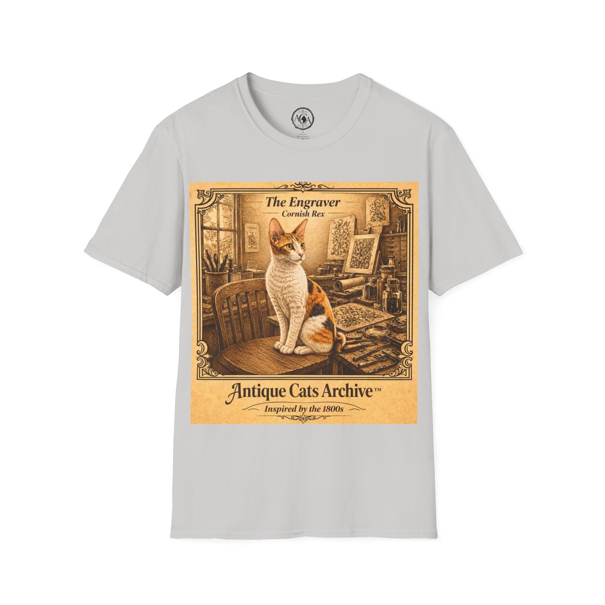 Antique Cats Archive™ Entry No. ACA-013-FND “The Engraver” Tabby Cat T-Shirt – Vintage 1800s Engraving Style