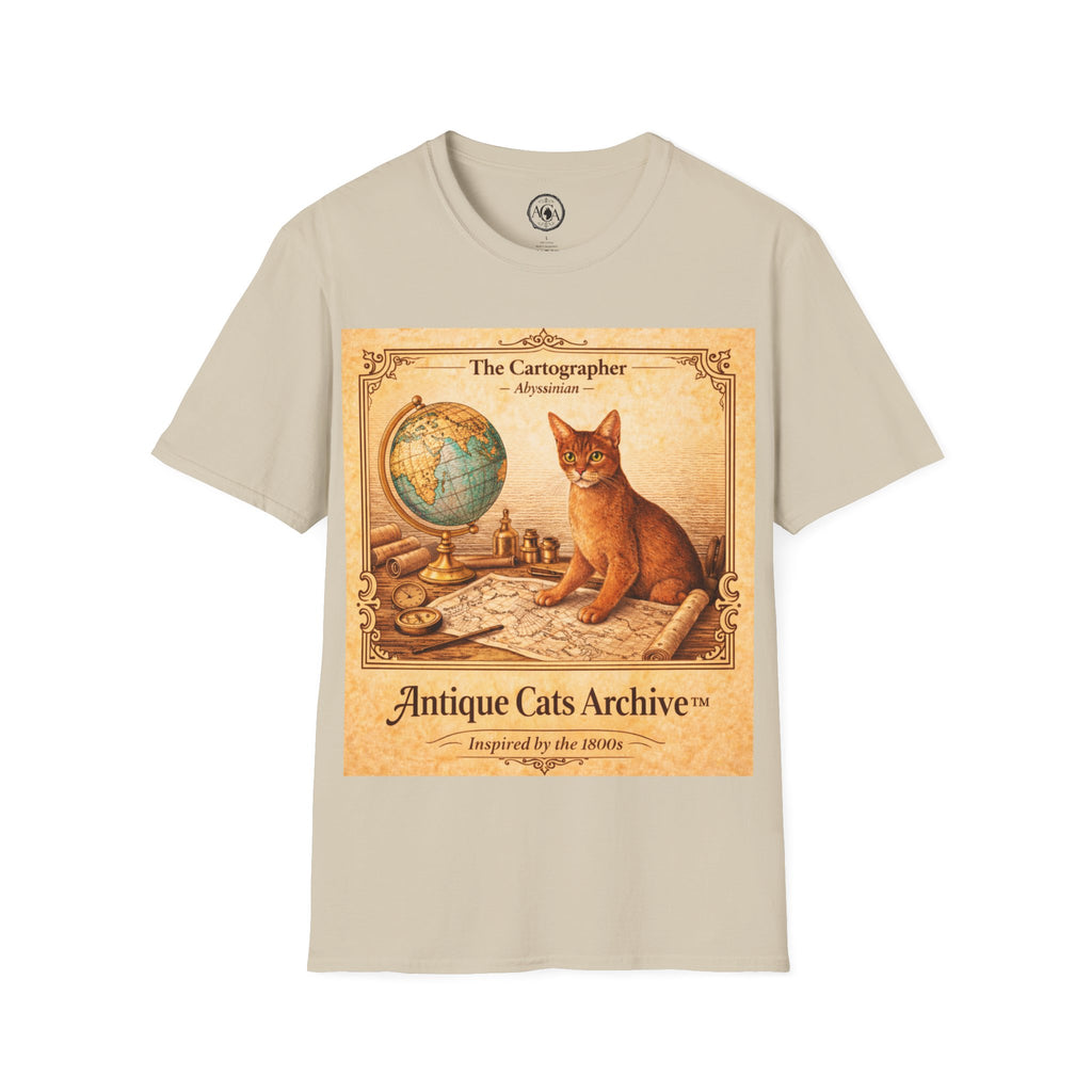 Antique Cats Archive™ Entry No. ACA-009-CAR “The Cartographer” Abyssinian Cat T-Shirt – Vintage 1800s Engraving Style