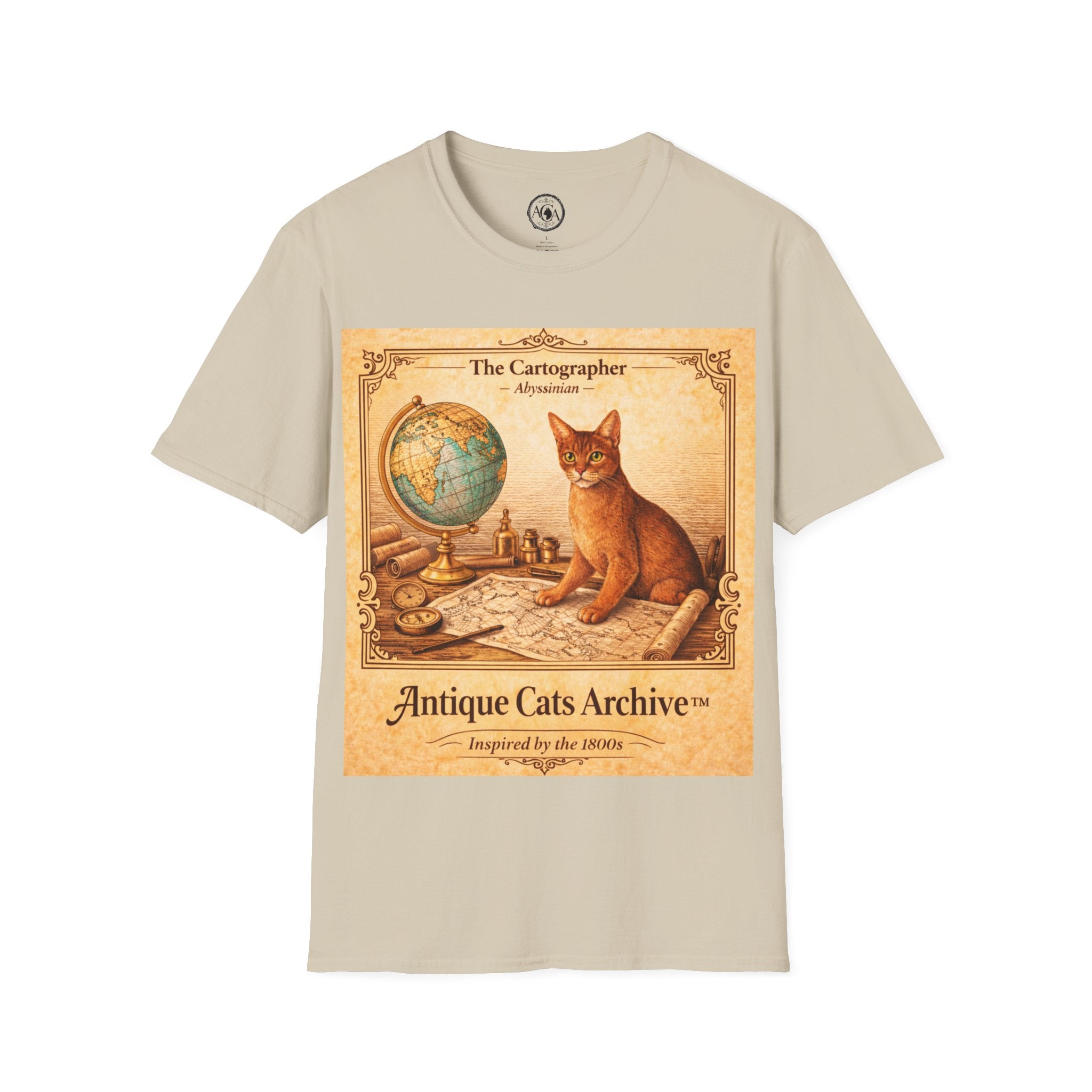 Antique Cats Archive™ Entry No. ACA-009-CAR “The Cartographer” Abyssinian Cat T-Shirt – Vintage 1800s Engraving Style