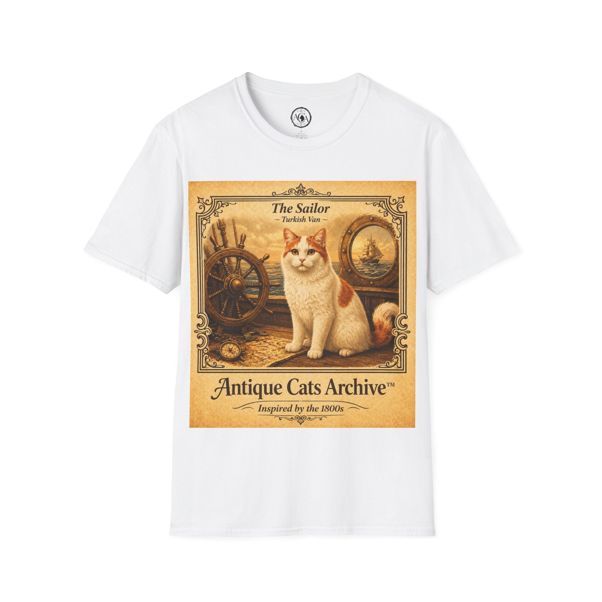 Antique Cats Archive™ Entry No. ACA-021-SAI “The Sailor” Turkish Van Cat T-Shirt – Vintage 1800s Engraving Style