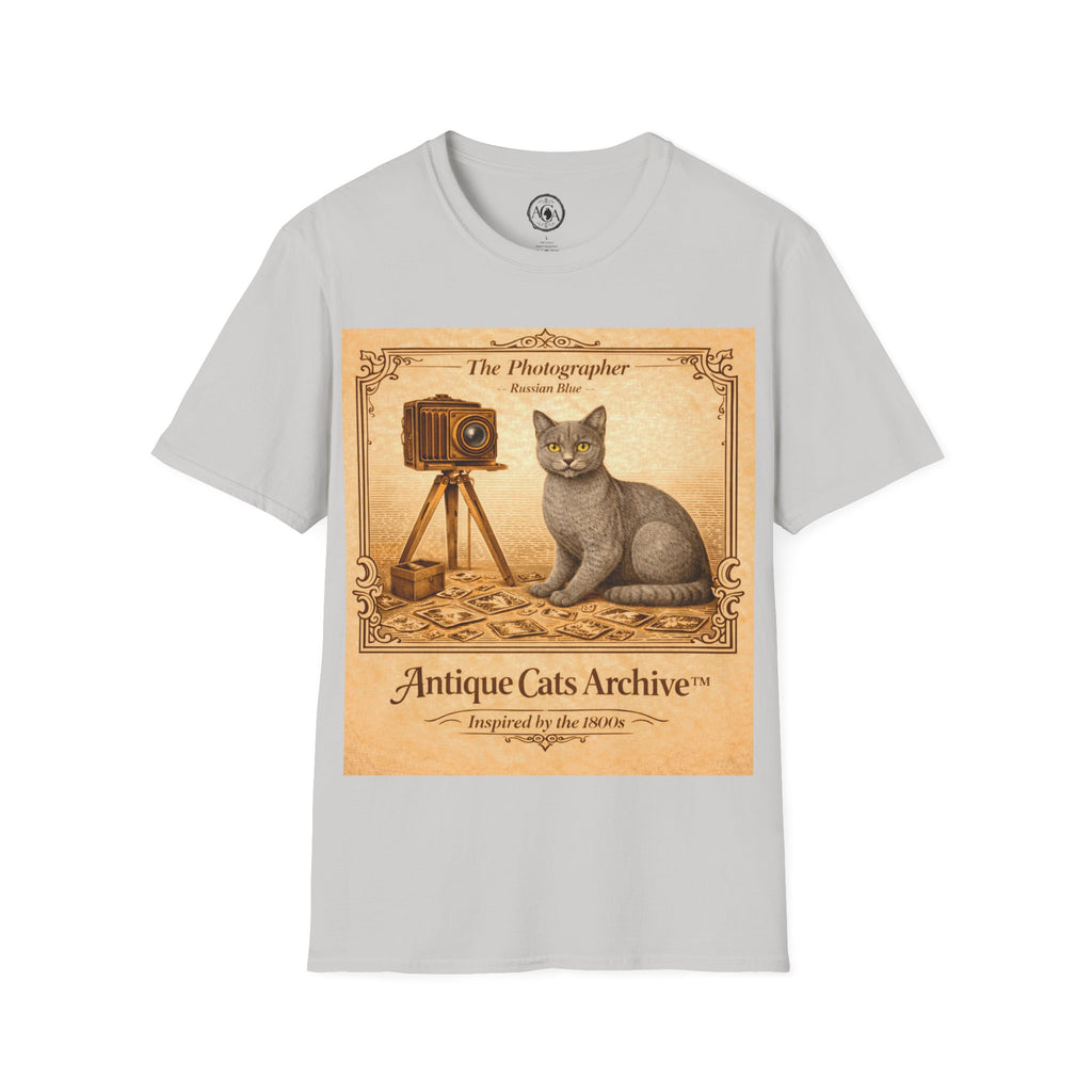 Antique Cats Archive™ Entry No. ACA-019-PHO “The Photographer” Russian Blue Cat T-Shirt – Vintage 1800s Engraving Style