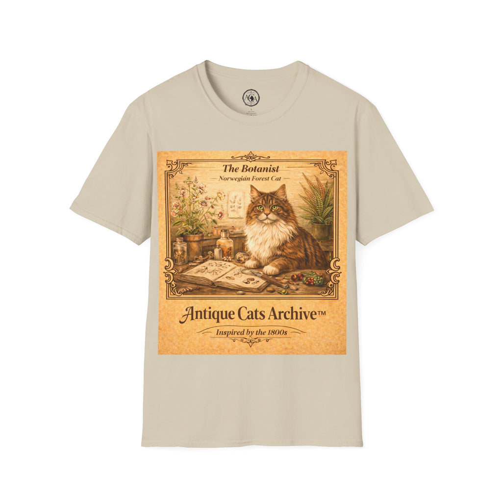 Antique Cats Archive™ Entry No. ACA-008-BOT “The Botanist” Norwegian Forest Cat T-Shirt – Vintage 1800s Engraving Style