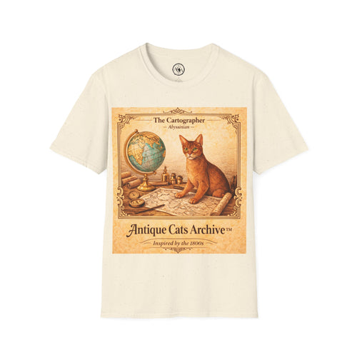 Antique Cats Archive™ Entry No. ACA-009-CAR “The Cartographer” Abyssinian Cat T-Shirt – Vintage 1800s Engraving Style