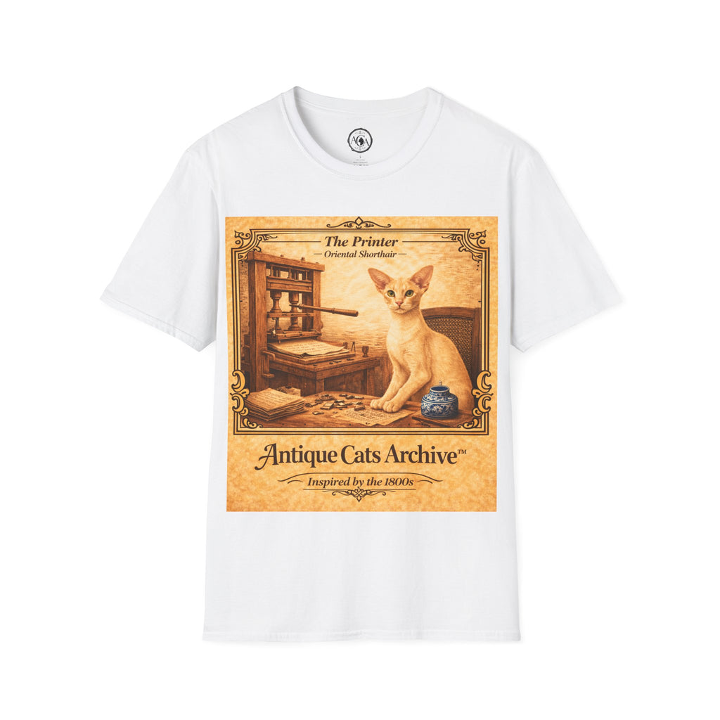 Antique Cats Archive™ Entry No. ACA-020-PRN “The Printer” Oriental Shorthair Cat T-Shirt – Vintage 1800s Engraving Style