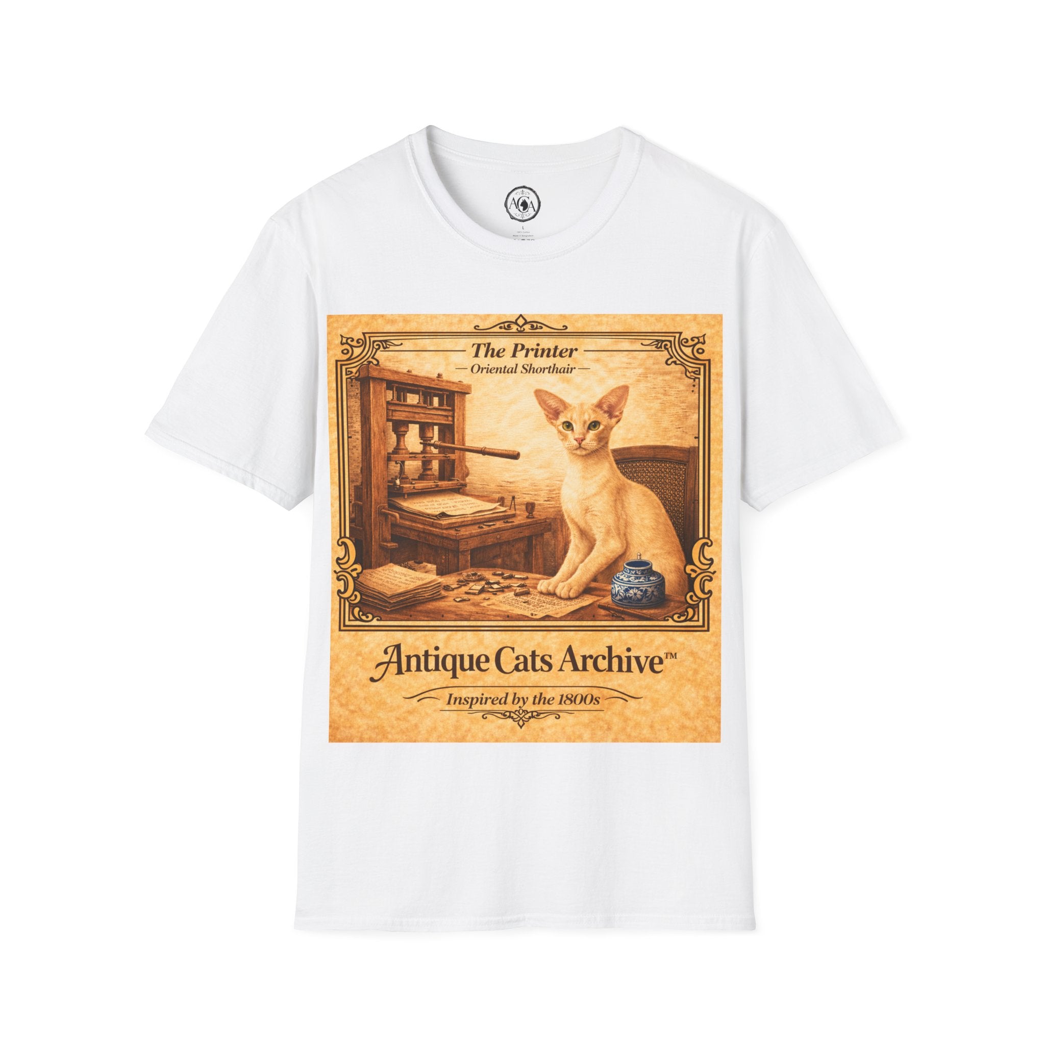 Antique Cats Archive™ Entry No. ACA-020-PRN “The Printer” Oriental Shorthair Cat T-Shirt – Vintage 1800s Engraving Style