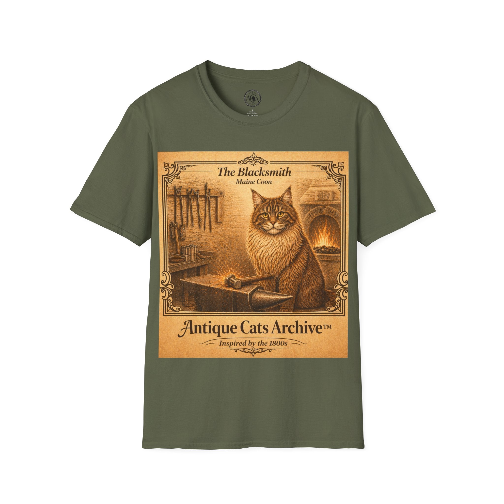 Antique Cats Archive™ Entry No. ACA-007-BLK “The Blacksmith” Maine Coon Cat T-Shirt – Vintage 1800s Engraving Style