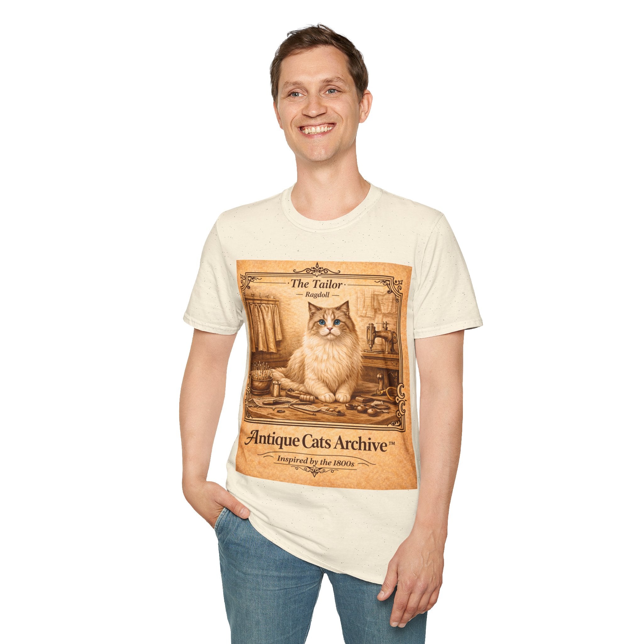 Antique Cats Archive™ Entry No. ACA-023-TLR “The Tailor” Ragdoll Cat T-Shirt – 1800s Engraving Style