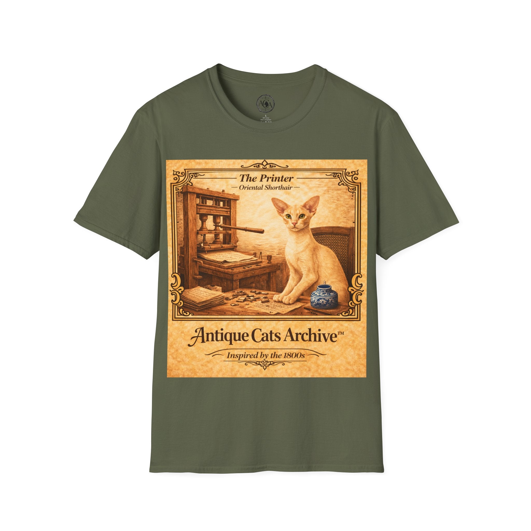 Antique Cats Archive™ Entry No. ACA-020-PRN “The Printer” Oriental Shorthair Cat T-Shirt – Vintage 1800s Engraving Style