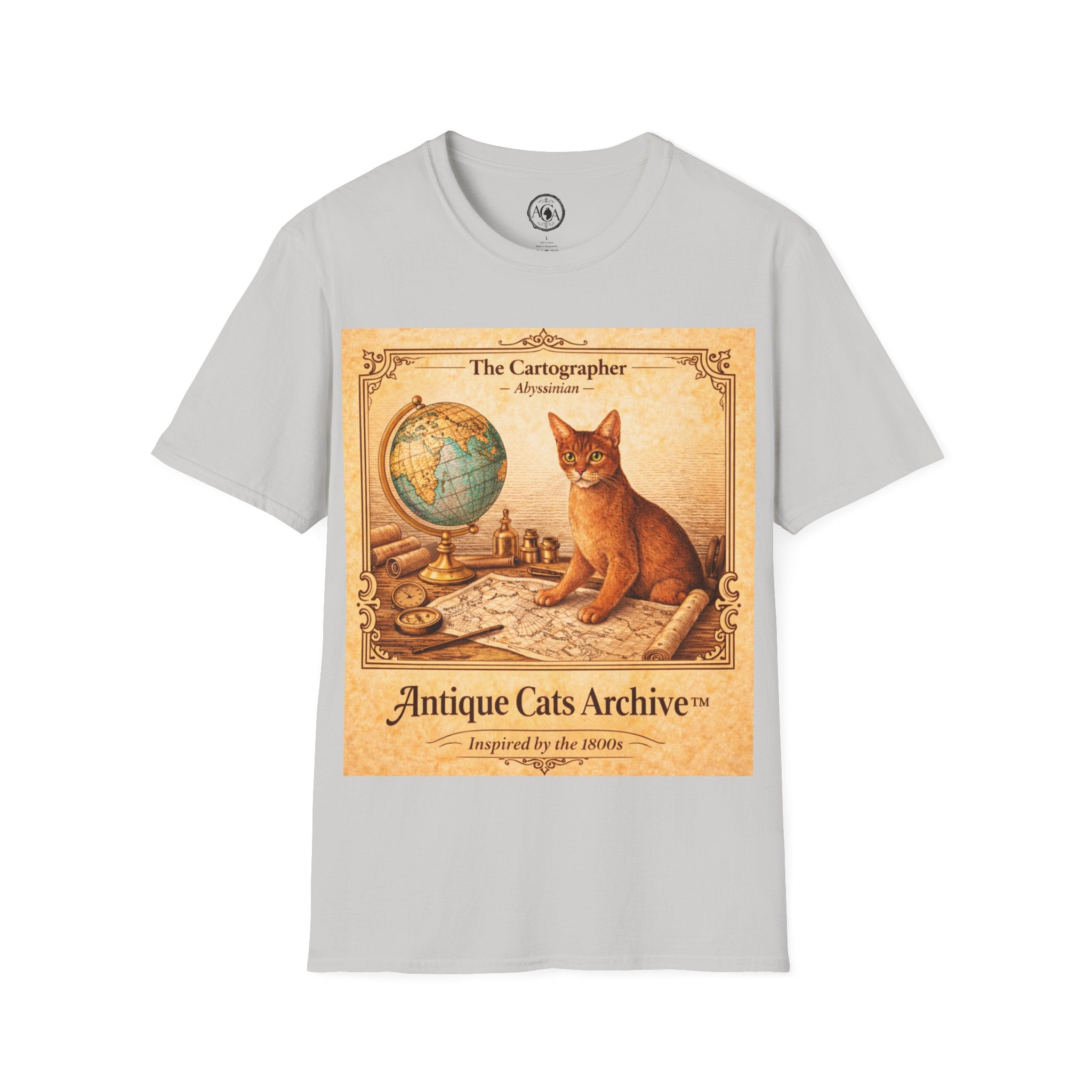 Antique Cats Archive™ Entry No. ACA-009-CAR “The Cartographer” Abyssinian Cat T-Shirt – Vintage 1800s Engraving Style