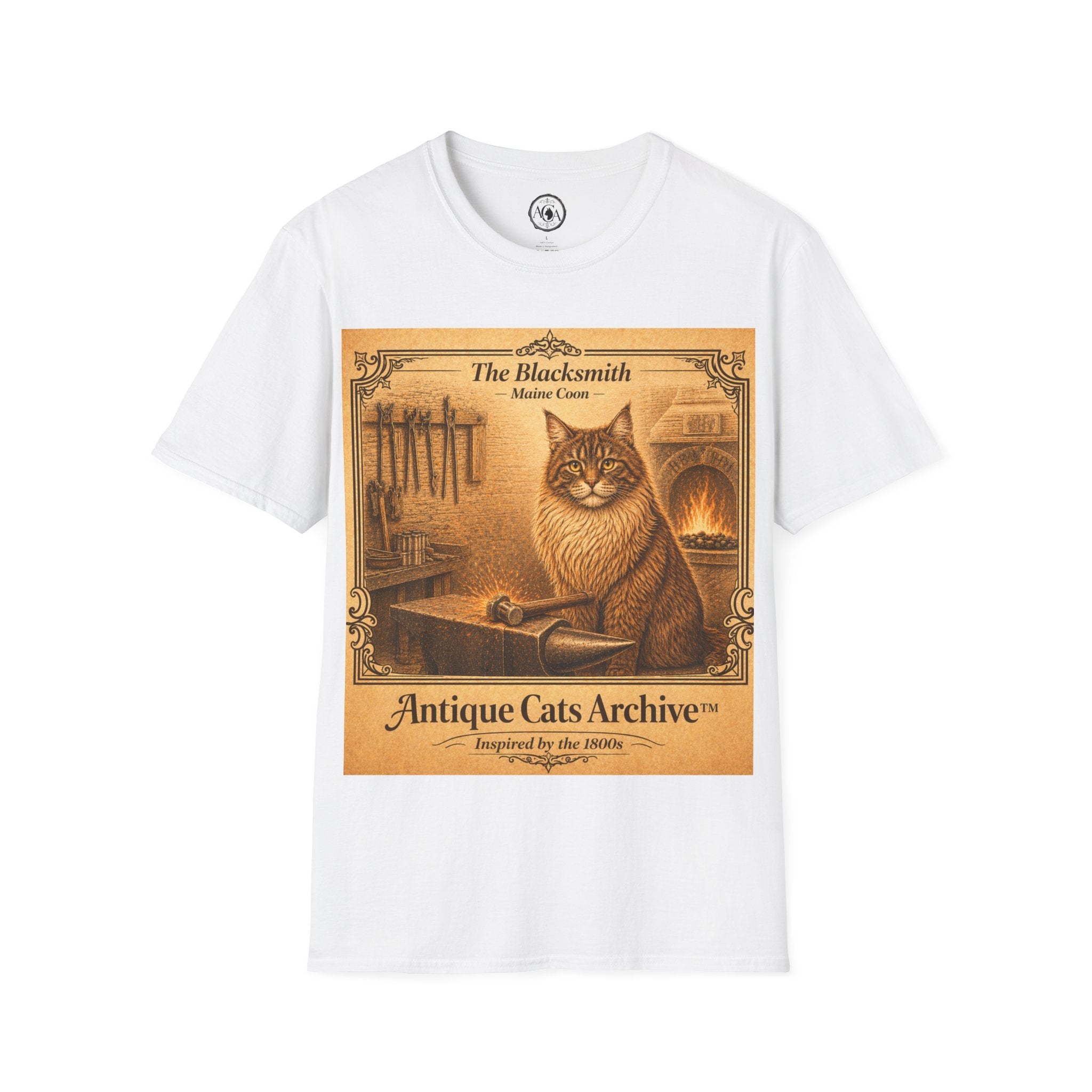 Antique Cats Archive™ Entry No. ACA-007-BLK “The Blacksmith” Maine Coon Cat T-Shirt – Vintage 1800s Engraving Style