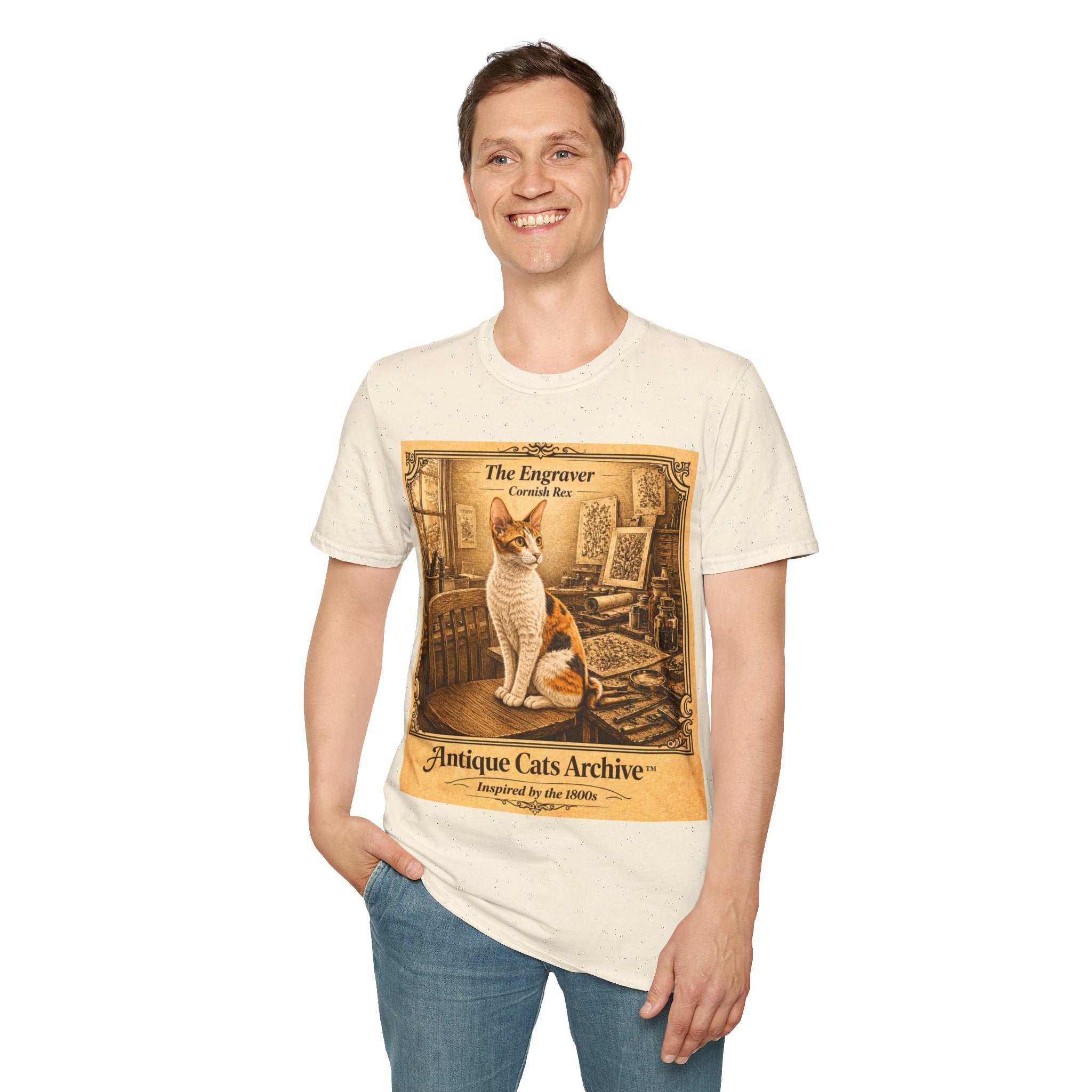 Antique Cats Archive™ Entry No. ACA-013-FND “The Engraver” Tabby Cat T-Shirt – Vintage 1800s Engraving Style