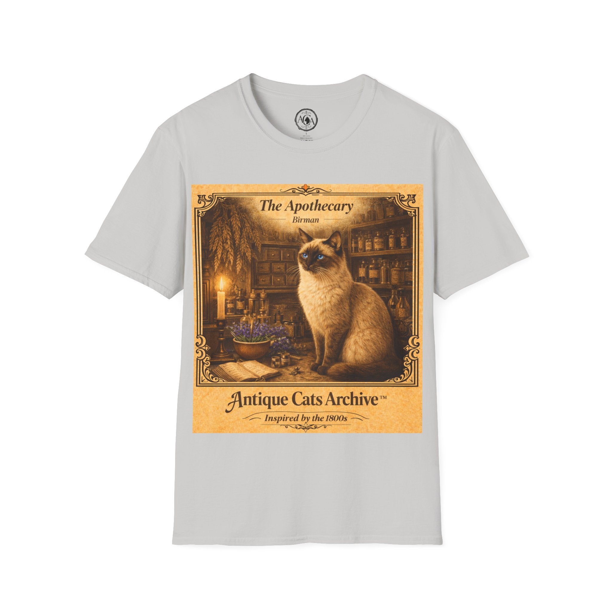 Antique Cats Archive™ Entry No. ACA-003-ALC “The Apothecary” Birman Cat T-Shirt – Vintage 1800s Engraving Style