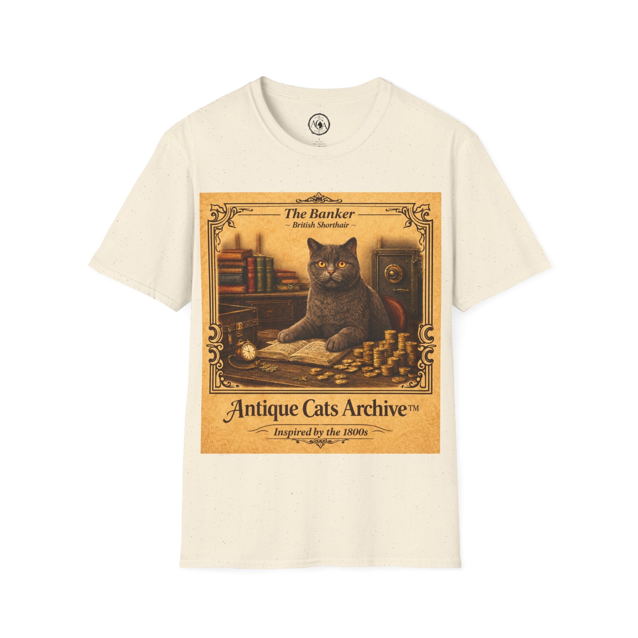Antique Cats Archive™ Entry No. ACA-006-BNK “The Banker” British Shorthair Cat T-Shirt – Vintage 1800s Engraving Style