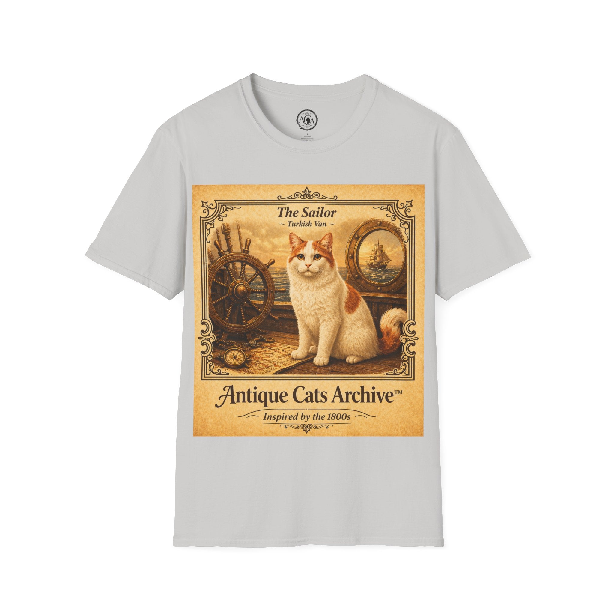 Antique Cats Archive™ Entry No. ACA-021-SAI “The Sailor” Turkish Van Cat T-Shirt – Vintage 1800s Engraving Style